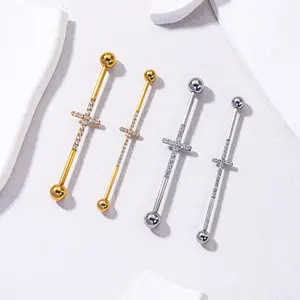 Hengsen 14g /16g Black Gold Industrial Earrings Long Stainless Steel Barbell CZ Cross Industrial Piercing Jewelry