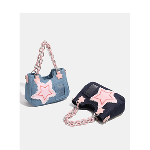 Bolso de cuero para mujer, tipo bandolera, de denim japonés, con ventana para muñeco de peluche y parche de estrella, tipo Itabag, fabricante, suministro a granel personalizado - Product Image 5