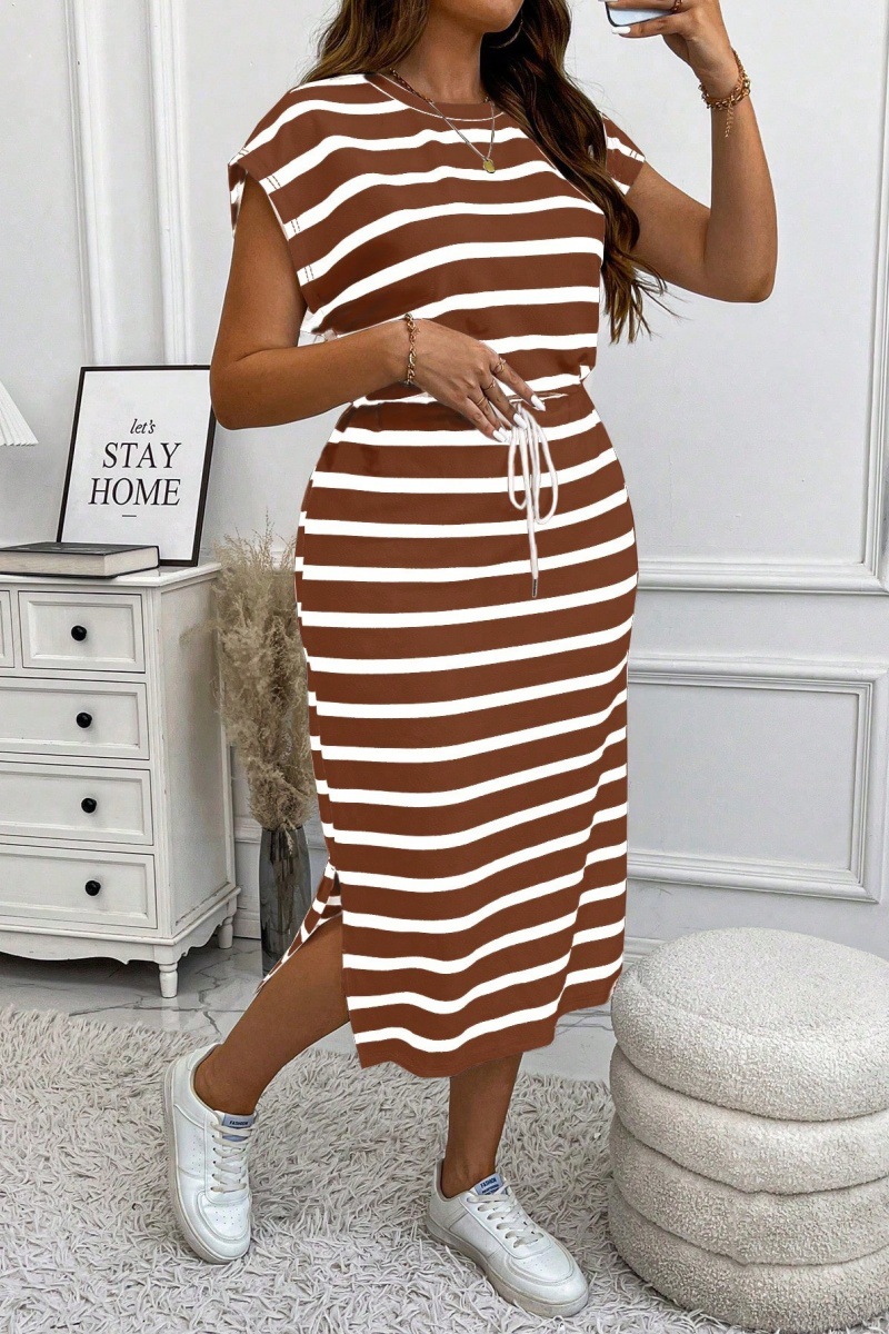 round neck stripe print high waist dress Stylish Round Neck Striped Print with Adjustable Waist Dress| Alibaba.com