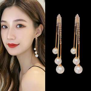 Boucles d'oreilles pendantes de luxe vintage pour femme, en alliage, avec strass, perles et fleurs à longues pampilles, style mode haut de gamme - Product Image 5