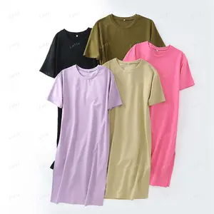 Vestidos femininos cor sólida, saia casual de manga curta camiseta longa maxi