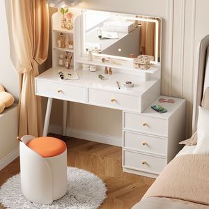 Ensemble de coiffeuse moderne avec miroir LED, table de maquillage blanche avec <span class=keywords><strong>armoire</strong></span> latérale et tabouret - Product Image 3