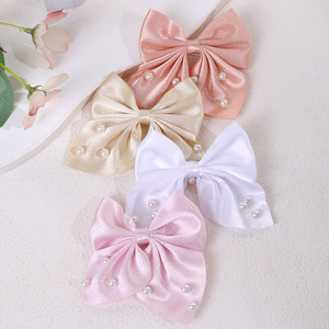 CN 4 piezas pinzas para el cabello hechas a mano Color sólido pasador tela satén perla lazos para el cabello Clip para niñas mujeres - Product Image 2