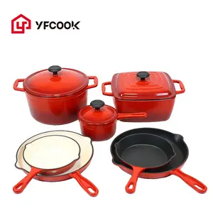 סיטונאי מטבח Custom בישול Nonstick כלי בישול סט אדום אמייל יצוק ברזל 10 חתיכה סירים ומחבתות כלי בישול סט