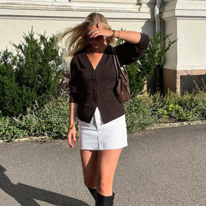 American Vintage <b>Brown</b> Knit Two Piece Set Women Waist Cinched Buttoned Short <b>Cardigan</b> and Slim Fit Bodycon Mini Skirt Set - Product Image 5