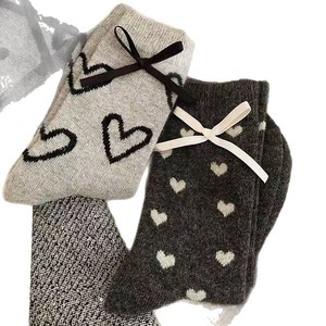 Women's Mid-Calf Heart Pattern Socks With Bow Knit Thick Warm Plush <b>Lounge</b> Socks For Autumn Winter Gray Black Color - Product Image 3