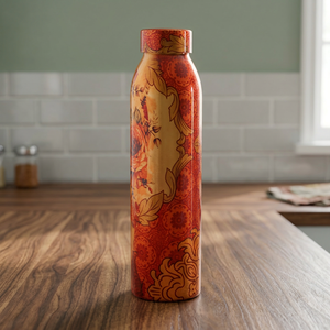 Thermos en métal au design oriental, bouteille de voyage portable, motif rouge et or - Product Image 6