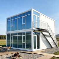 Conteneur de 20 pieds en kit, bureau, appartement, hôtel, maison conteneur démontable à 2 étages, avec murs vitrés et rideaux intégraux, pour projet personnalisé et espace de bureau