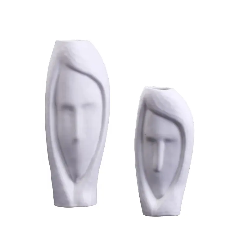 Humana senhora fato branco cerâmica cabeça rosto vaso decoração de casa corpo flor vasos com dois tamanhos