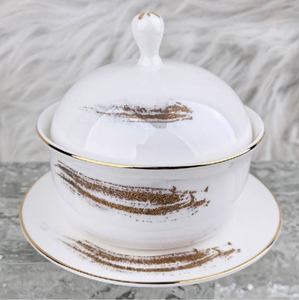 Service de vaisselle de luxe en porcelaine à bord doré blanc avec couvercles, bols, assiettes, tasses, résistant au lave-vaisselle, durable pour la maison et l'hôtellerie - Product Image 6