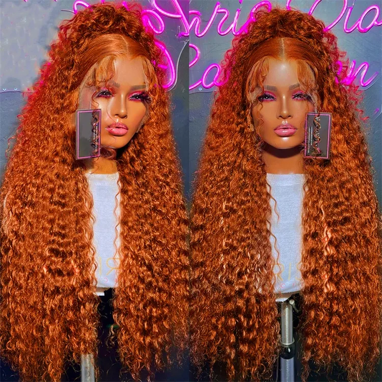 200% Density Curly Virgin Hair Deep Wave Hd 13x6 Frontal Wig Human Hair Ginger Color Lace Wig For Black Women