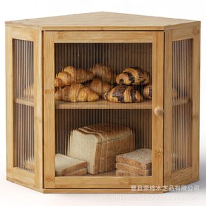 Boîte à pain d'angle en bois Rongdong, double couche en bambou avec porte en verre pour la cuisine - Product Image 1