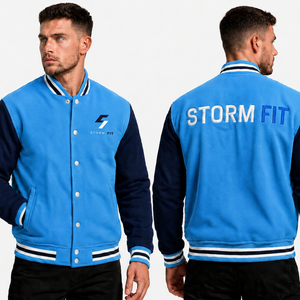 Blouson universitaire unisexe personnalisé bleu marine en laine/cuir polaire décontracté hiver coupe régulière col montant respirant coupe-vent haute performance - Product Image 6