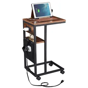 Wooden Laptop Stand Table with Charging Station Small Snack Table Side End Table with USB Port and Power Outlets