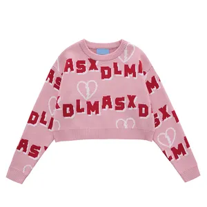OEM ODM Custom 100%cotton women sweaters Fashion short exposed navel long-sleeved sweater Jacquard knitted wear
