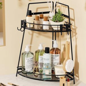 <span class=keywords><strong>Étagère</strong></span> de rangement d'angle <span class=keywords><strong>en</strong></span> métal <span class=keywords><strong>à</strong></span> 2 niveaux pour lavabo, maquillage, salle de bain, comptoir, avec 4 crochets - Product Image 1