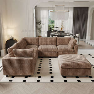 Set <span class=keywords><strong>Sofa</strong></span> ruang tamu bahan korduroi, Set <span class=keywords><strong>Sofa</strong></span> ruang tamu, kain korduroi mewah motif garis tebal 3 dudukan Modular warna coklat Retro Amerika Modern - Product Image 3