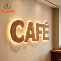 Enseigne publicitaire personnalisée en acier inoxydable avec logo 3D éclairé par LED, enseigne rétroéclairée en métal à grain de bois écologique pour café et entreprises