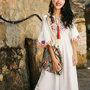 Ethnic Style Cotton Linen Long Dress White Tie Neck Loose Waist Embroidery Geometric Patterns Casual Dress 2025 Summer - Product Image 1