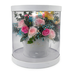 Grande boîte-cadeau d'emballage de fleurs de <span class=keywords><strong>rose</strong></span> en papier à cylindre rond en plastique transparent avec logo personnalisé avec tiroir pour chocolat de mariage - Product Image 1