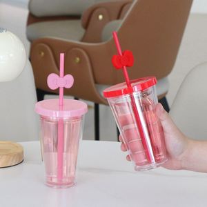 Double Wall <b>Plastic</b> Coffee Tumbler <b>Large</b> Capacity 500ml Bow Straw Cup Two Way Drinking Mug for Men and Women Daily Use - Product Image 2