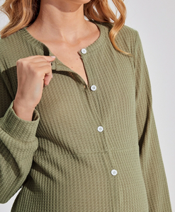 Pyjama de maternité en coton gaufré à manches lanternes, combinaison boutonnée sur le devant, grande taille, pour femmes enceintes - Product Image 5