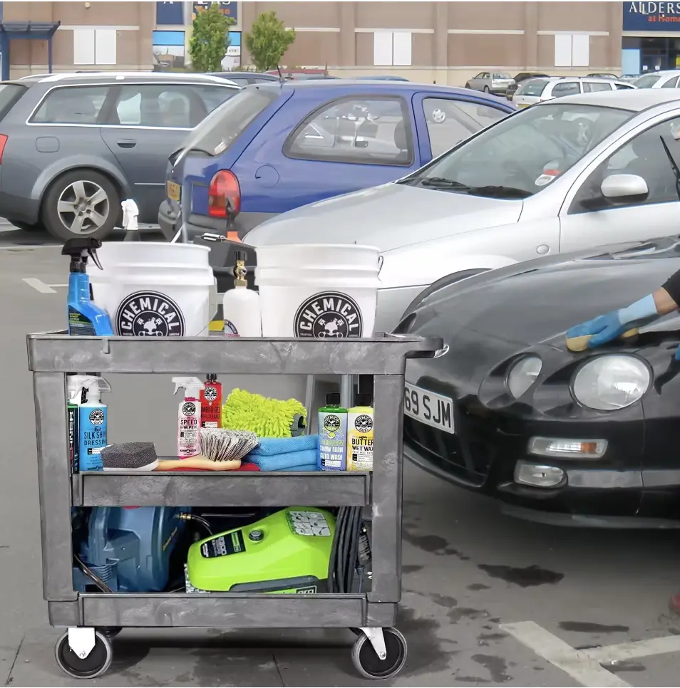 Carro de herramientas de almacenamiento de carro de mano resistente de tres estantes Carro de utilidad de servicio de plástico con ruedas