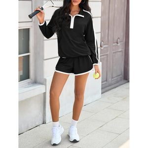 Ensemble de survêtement 2 pièces pour femmes, haut à manches longues à col en V zippé, short décontracté respirant, tenue de printemps - Product Image 5