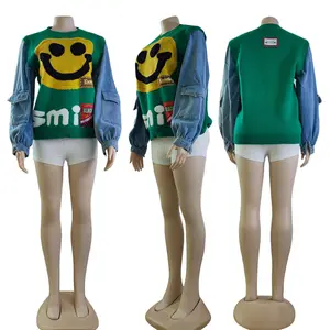 High Quality Patchwork Denim Stitching Cartoon Knitted Blouse Women Tops Loose Pullover Smiley Face Women Sweater