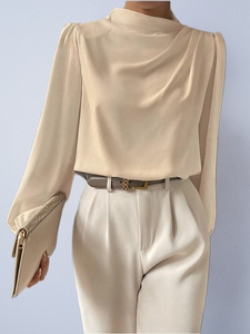 Blus Wanita Satin Kerah Cowl Lengan Panjang Elegan Model Draped Mock Neck Pullover untuk Kerja Kantor Kasual Bisnis 2026 - Product Image 1