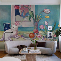 Papier peint mural floral chat mignon dessin animé aquarelle, motif botanique violet doux, pour chambre de filles et décoration de crèche