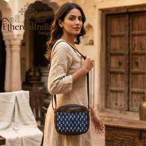 Handmade Indigo Buti Print Sling Bag Cotton Crossbody Bag Ethnic Boho <b>Small</b> Vegan Leather <b>Purse</b> - Product Image 3