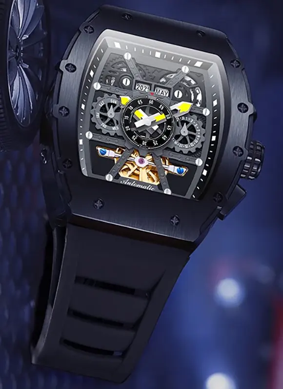 Jam tangan mekanis santai pria stopwatch kalender kerangka casing baja tahan karat kustom