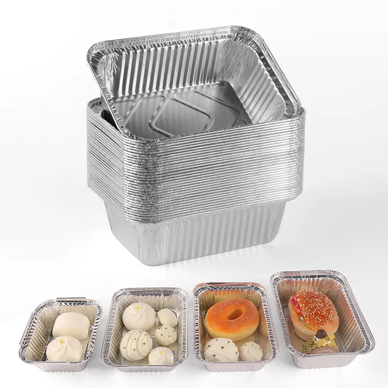 กล่องอาหารอลูมิเนียมฟอยล์ทรงสี่เหลี่ยมแบบใช้แล้วทิ้งพร้อมฝาปิดขนาดเล็กถาดฟอยล์สำหรับใส่อาหาร