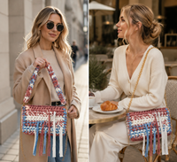Damen Boho Häkel-Quasten-Schultertasche, Regenbogen-Gestreifte Handgemachte Handtasche, Böhmische Sommer-Strand-Reise-Hobo-Tragetasche