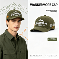 Casquette en velours côtelé vert olive avec broderie 3D montagne, patch structuré, réglable, pour homme et femme, idéale pour la randonnée et les voyages