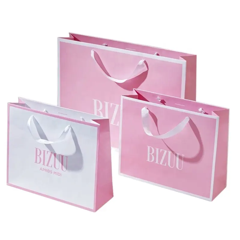 Custom Logo Afdrukken Luxe Hot Pink Fashion Winkelen Papieren Zak Met Lint Handvat