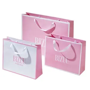 Individuelles logo druck luxus heißer rosa mode-shopping papier tasche mit band griff