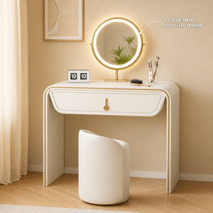 Table de toilette de luxe en bois massif, couleur crème, pour chambre à coucher, table de maquillage moderne minimaliste en cuir PU avec rangement - Product Image 6