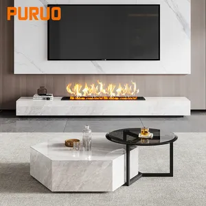 PURUO luxury wood mdf sintered stone electric modern tv cabinet fireplace tv stand modern with fireplaces