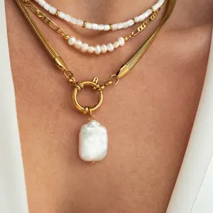 Minimalist Freshwater Baroque Pearl Pendant Necklaces Women 18K Gold Plated Stainless Steel Snake Chain Necklace 2024