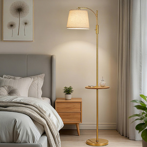 Modern Floor <b>Lamp</b> With <b>Table</b> Beige Linen Shade Brass Body Adjustable Height LED Light Source E27 <b>Base</b> For Living Room Bedroom - Product Image 3