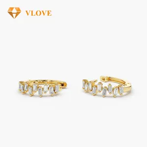 VLOVE Wholesale Of Diamond Jewelry Solid Gold Jewelry 14K Gold Horizontal Set Mini Baguette Diamond Huggie