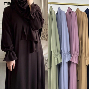 Women Lightweight Matte Chiffon Abaya Elasticated <b>Flared</b> Cuff Long Sleeve Modest Muslim Casual Daily Wear Maxi Dress Multi Color - Product Image 1