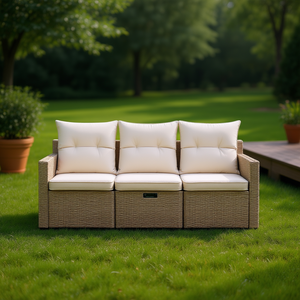 Ensemble de canapé de jardin modulaire en rotin beige 3 places, mobilier d'extérieur résistant aux intempéries, design contemporain - Product Image 2