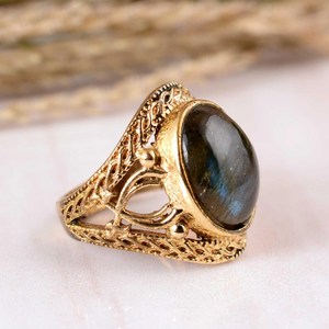 แหวนหมั้นลาบราดอไรต์รูปไข่สีน้ำเงินประดับเพชร งานแฮนด์เมด ทอง 14K ชุบทองเหลือง เครื่องประดับสไตล์โบโฮ สำหรับเป็นของขวัญวันครบรอบ - Product Image 4