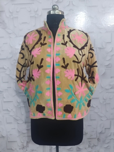 Elegant Handcrafted Short Quilted Velvet Winter Jacket with Exquisite Floral Embroidery Reversible & Breathable Design Cotton - Product Image 3