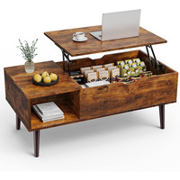 Table basse moderne avec plateau relevable, rangement dissimulé, étagère latérale ouverte, table centrale en bois massif, pieds en métal pour salon, petit appartement