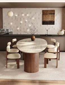 Set da Pranzo Moderno in Stile Francese, Tavolo in Noce Nero Chiaro con Piano in Pietra Sinterizzata a Forma di Goccia d'Acqua, <span class=keywords><strong>Arredamento</strong></span> <span class=keywords><strong>per</strong></span> la Casa - Product Image 2