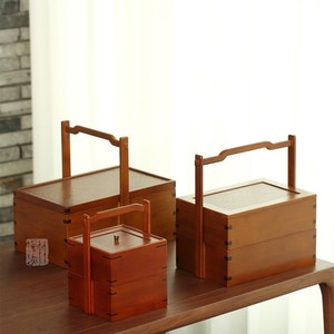 Boîte alimentaire en bois à double couche avec poignée, rectangulaire, empilable, pour pique-nique, camping, emballage général, 22,5 cm de haut - Product Image 2